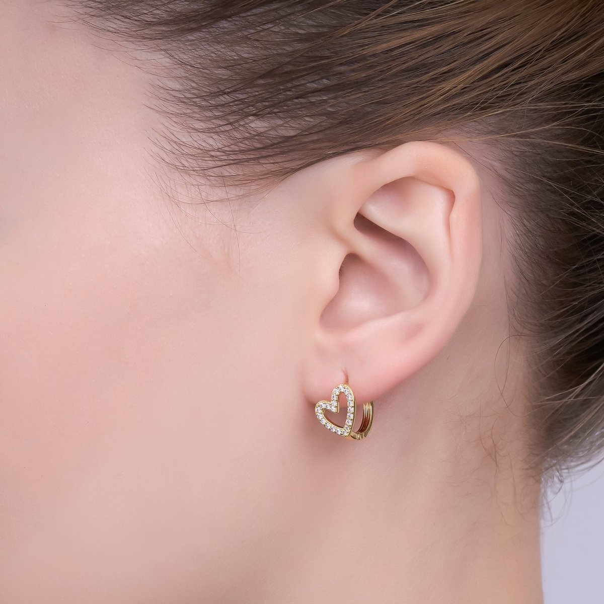 24K Gold Filled Micro Paved CZ Open Heart Huggie Earrings | T236 - DLUXCA