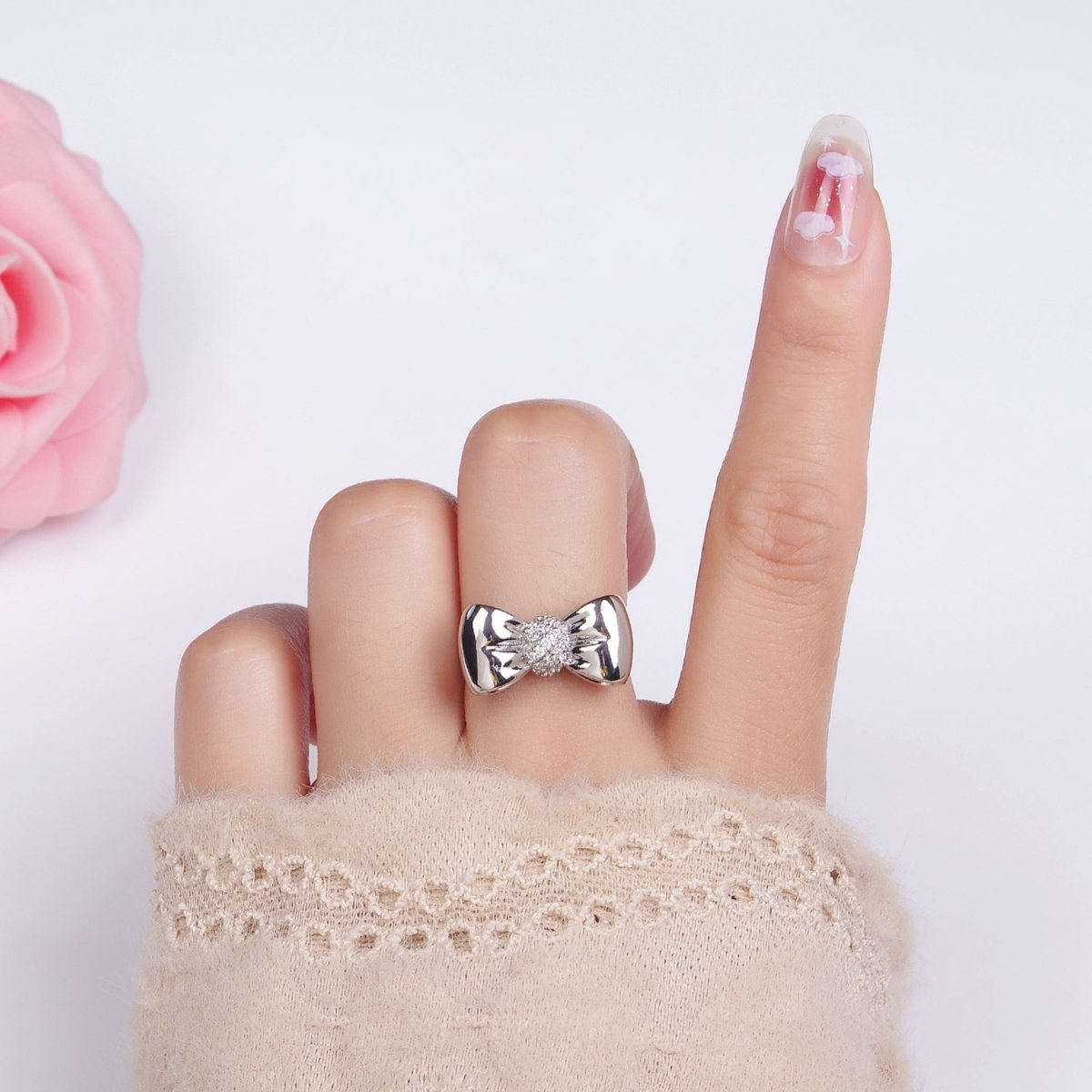 24K Gold Filled Micro Paved CZ Puffed Ribbon Bow Ring in Gold & Silver | R150 R151