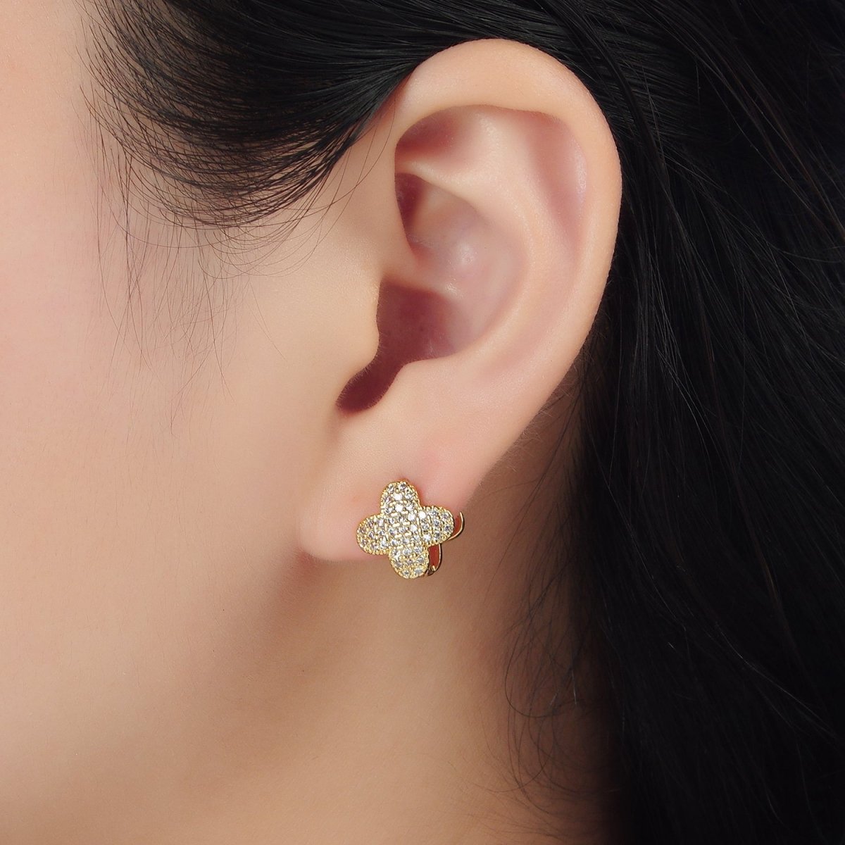 24K Gold Filled Micro Paved CZ Quatrefoil Flower Huggie Earrings | AD760 - DLUXCA