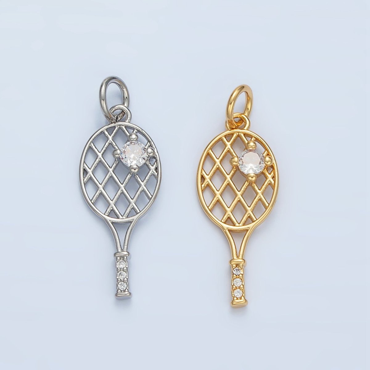 24K Gold Filled Micro Paved CZ Racket Badminton Tennis Sport Open Charm in Gold & Silver | D792