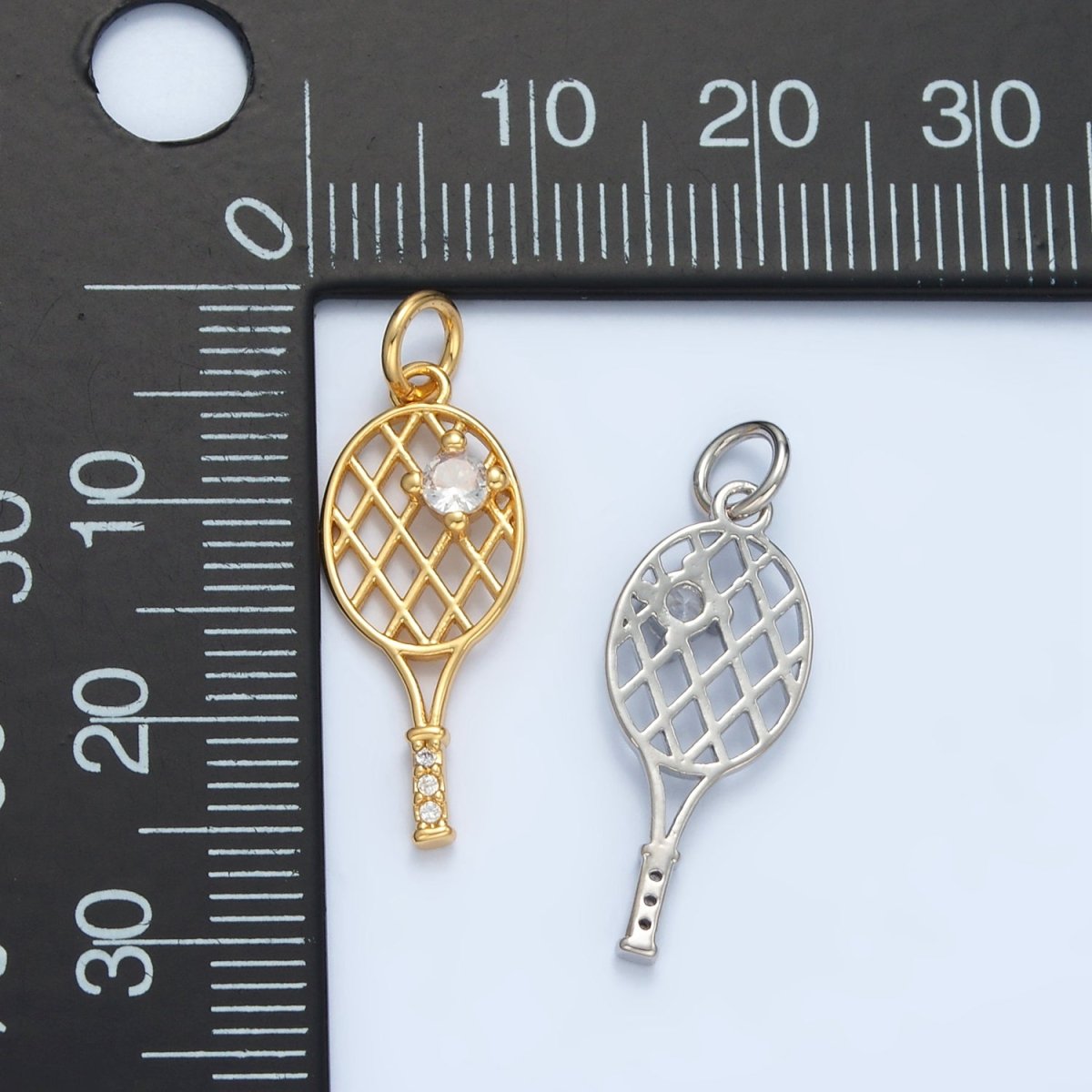 24K Gold Filled Micro Paved CZ Racket Badminton Tennis Sport Open Charm in Gold & Silver | D792