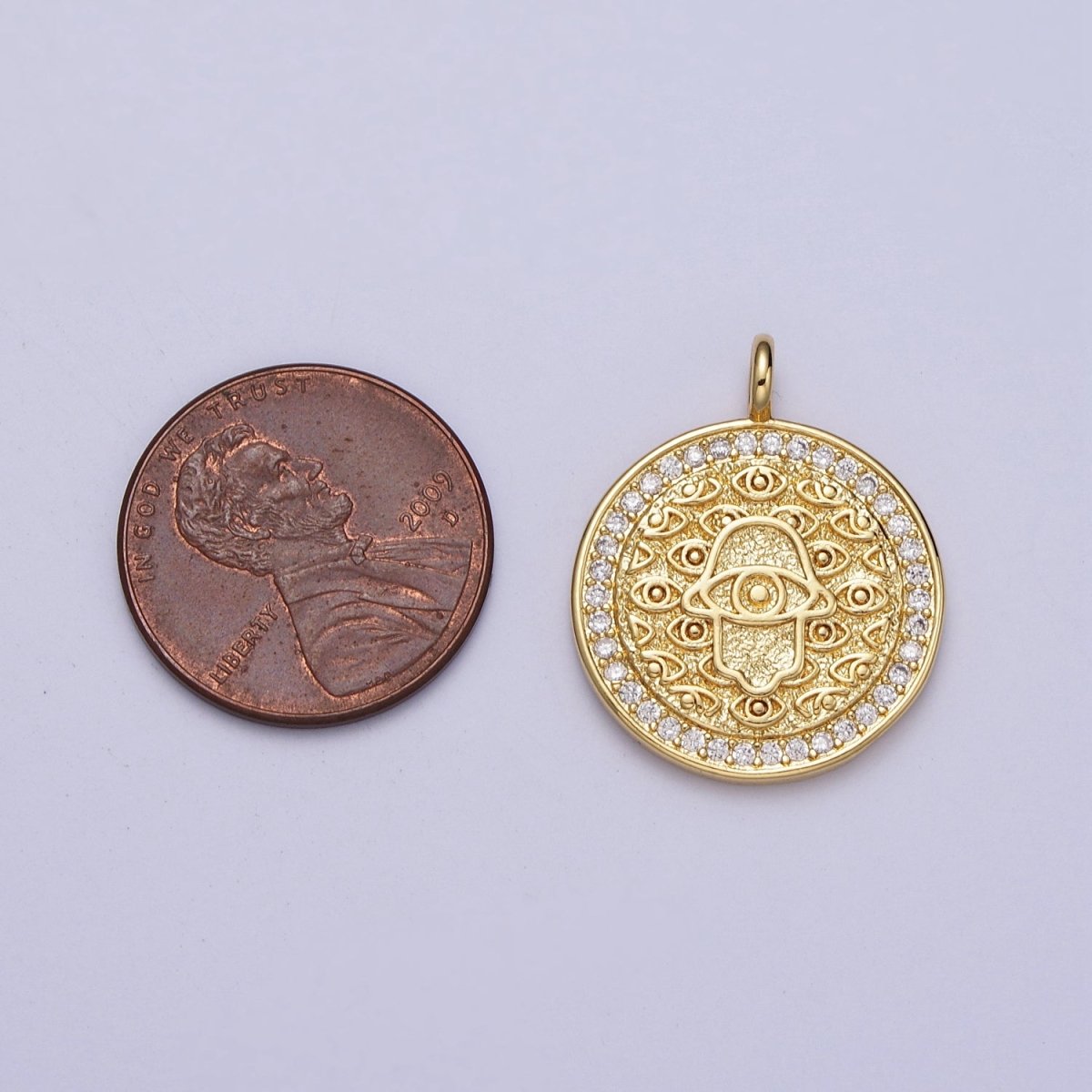 24K Gold Filled Micro Paved CZ Round Hamsa Hand Evil Eye Protection Medallion Pendant H-370
