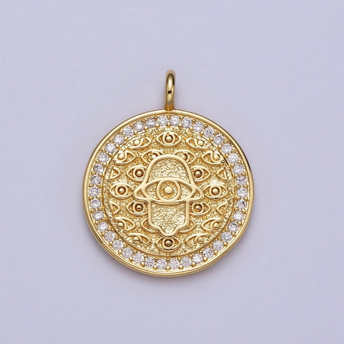 24K Gold Filled Micro Paved CZ Round Hamsa Hand Evil Eye Protection Medallion Pendant H-370