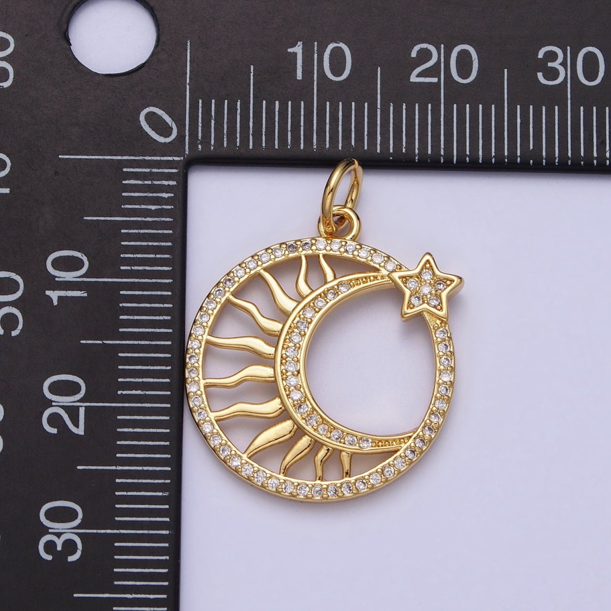 24K Gold Filled Micro Paved CZ Sun Star Crescent Moon Celestial Open Charm | AC367 - DLUXCA