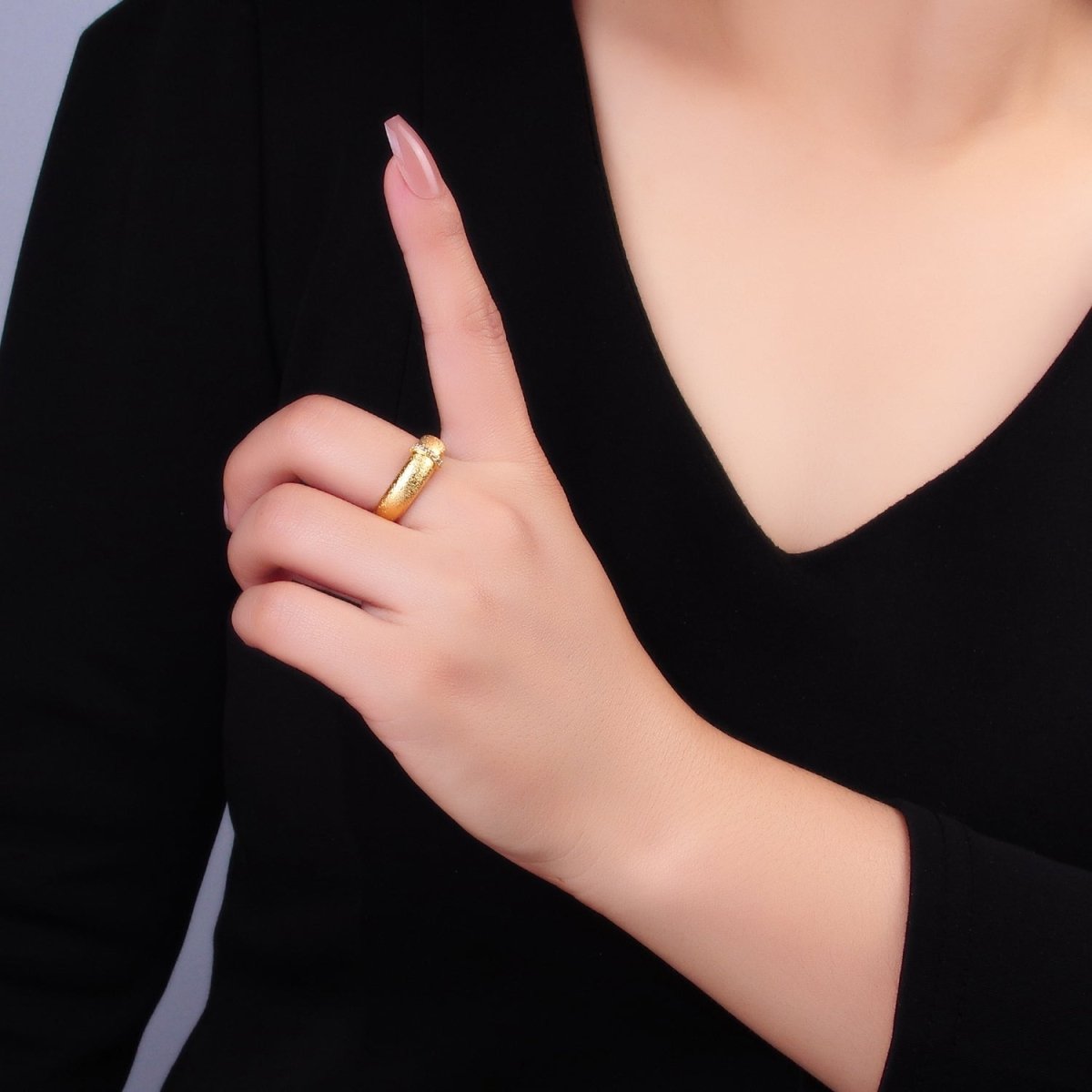 24K Gold Filled Micro Paved CZ Textured Band Ring | O335 - DLUXCA