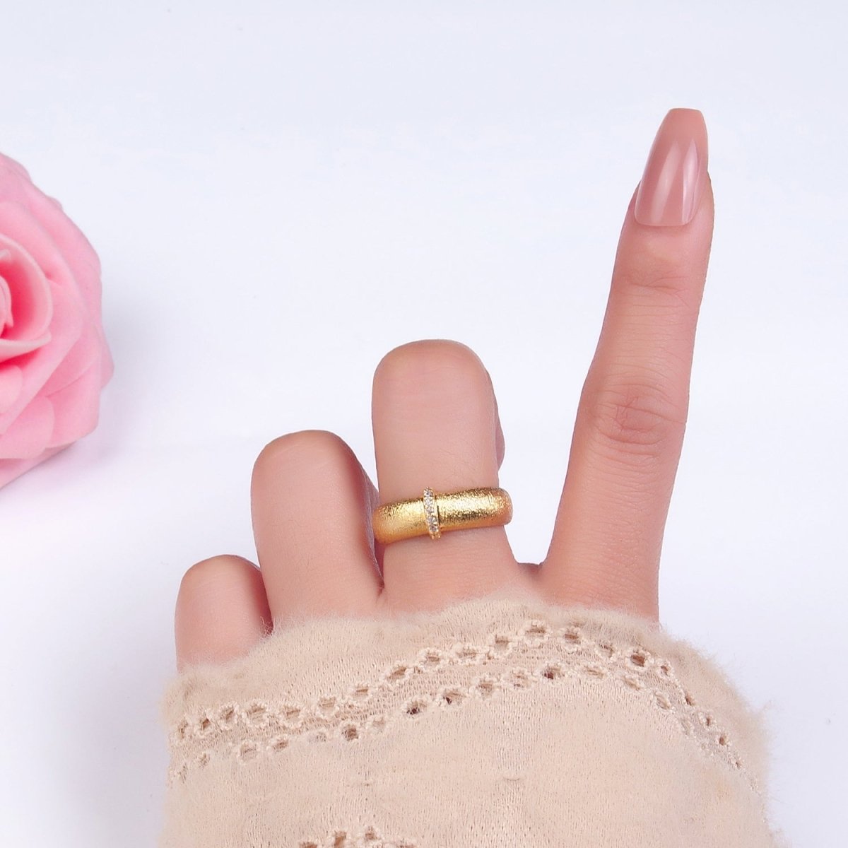 24K Gold Filled Micro Paved CZ Textured Band Ring | O335 - DLUXCA