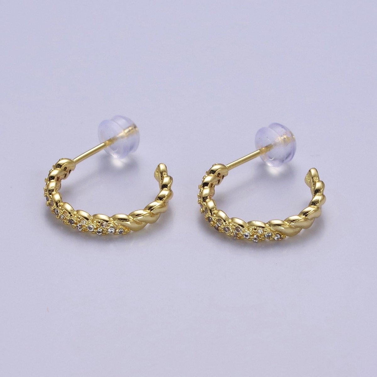 24K Gold Filled Micro Paved CZ Twisted 16mm, 24mm, 30mm C Shaped Stud Hoops Earrings | V-173-V-175