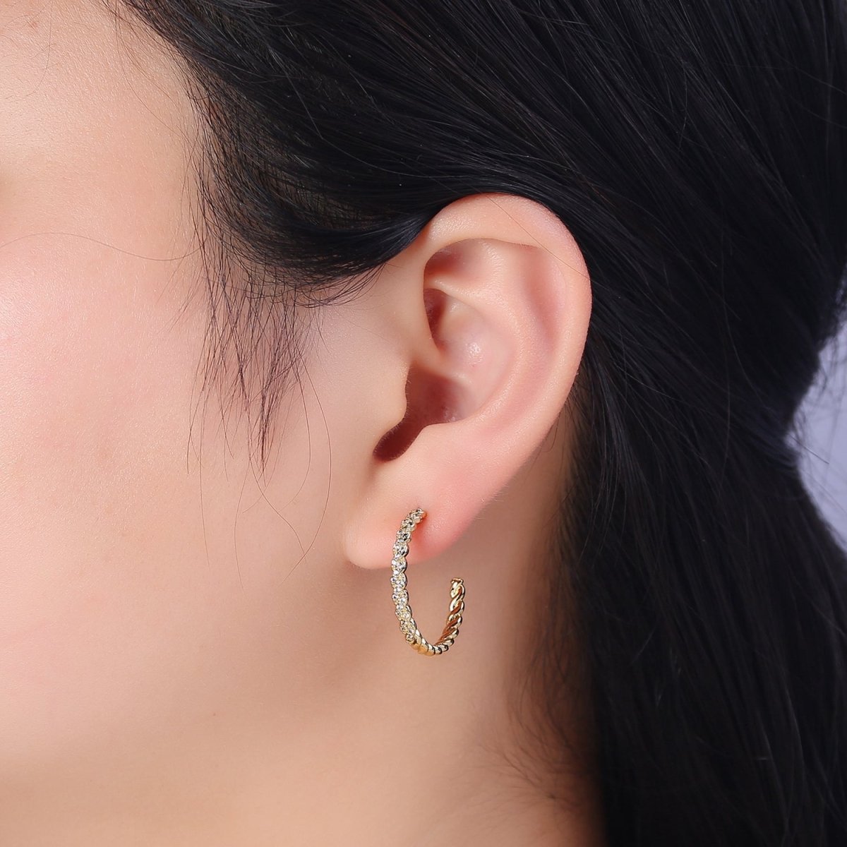 24K Gold Filled Micro Paved CZ Twisted 16mm, 24mm, 30mm C Shaped Stud Hoops Earrings | V-173-V-175