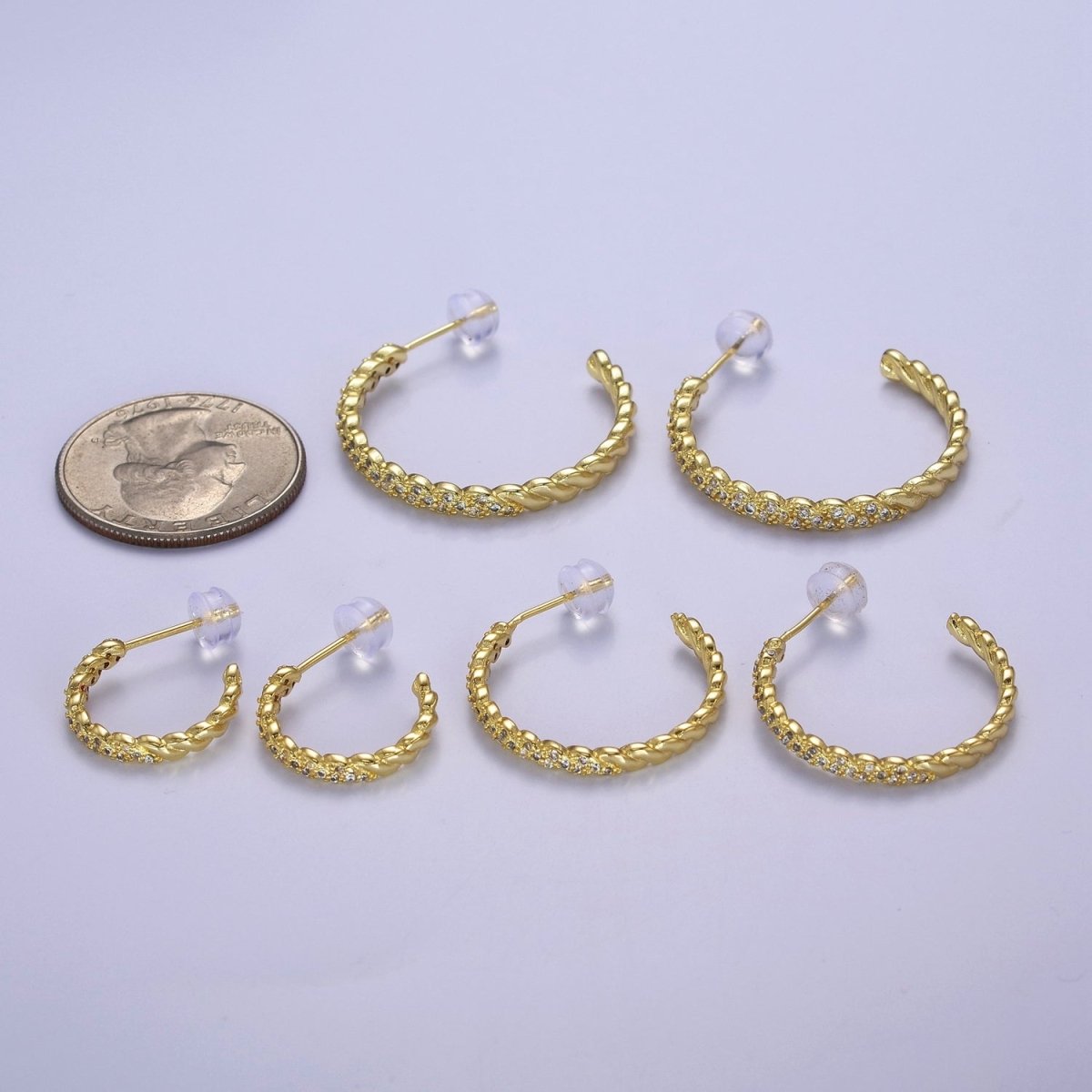 24K Gold Filled Micro Paved CZ Twisted 16mm, 24mm, 30mm C Shaped Stud Hoops Earrings | V-173-V-175