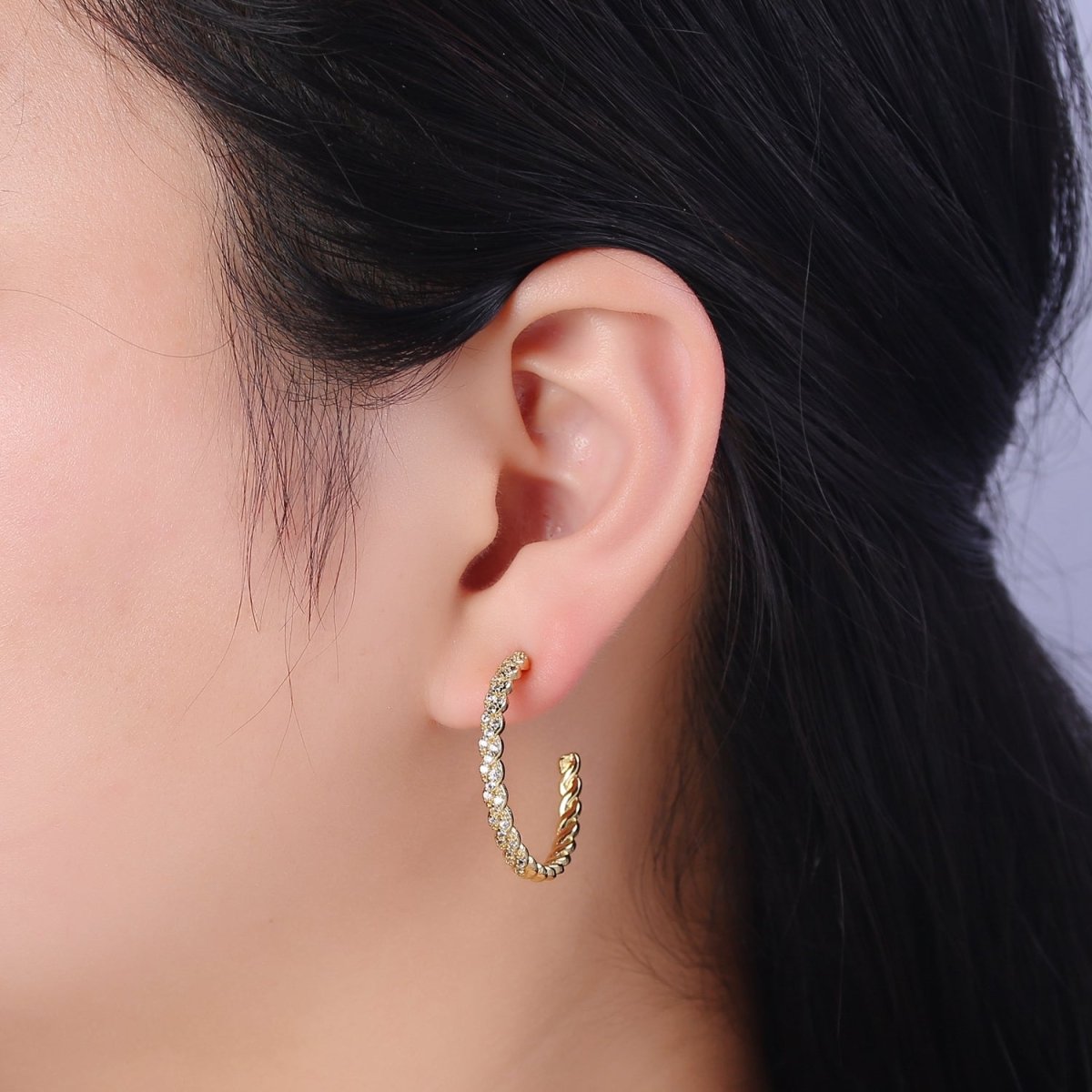 24K Gold Filled Micro Paved CZ Twisted 16mm, 24mm, 30mm C Shaped Stud Hoops Earrings | V-173-V-175