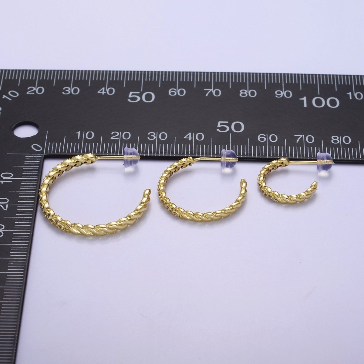 24K Gold Filled Micro Paved CZ Twisted 16mm, 24mm, 30mm C Shaped Stud Hoops Earrings | V-173-V-175