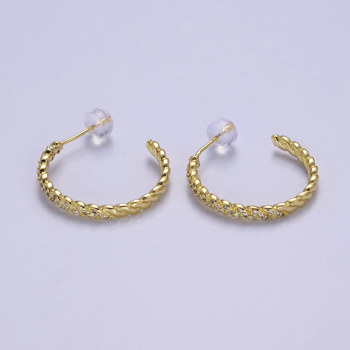 24K Gold Filled Micro Paved CZ Twisted 16mm, 24mm, 30mm C Shaped Stud Hoops Earrings | V-173-V-175