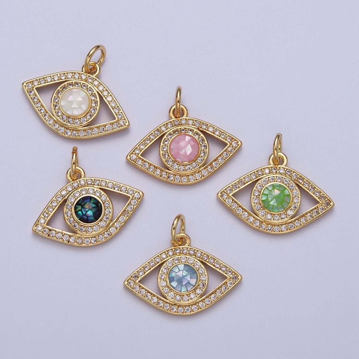 24K Gold Filled Micro Paved Evil Eye Green, Pink, Black, Blue Shell Opal Charm | C-316 C-317 C-319 C-320 C-326