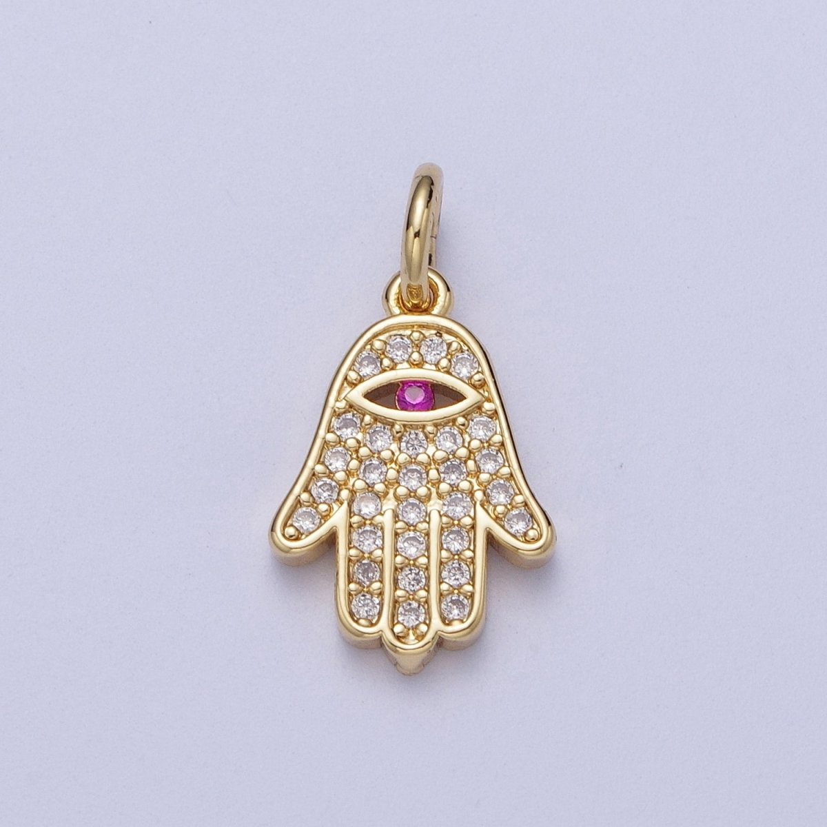 24K Gold Filled Micro Paved Fuchsia CZ Hamsa Hand Evil Eye Charm | A-295 - DLUXCA