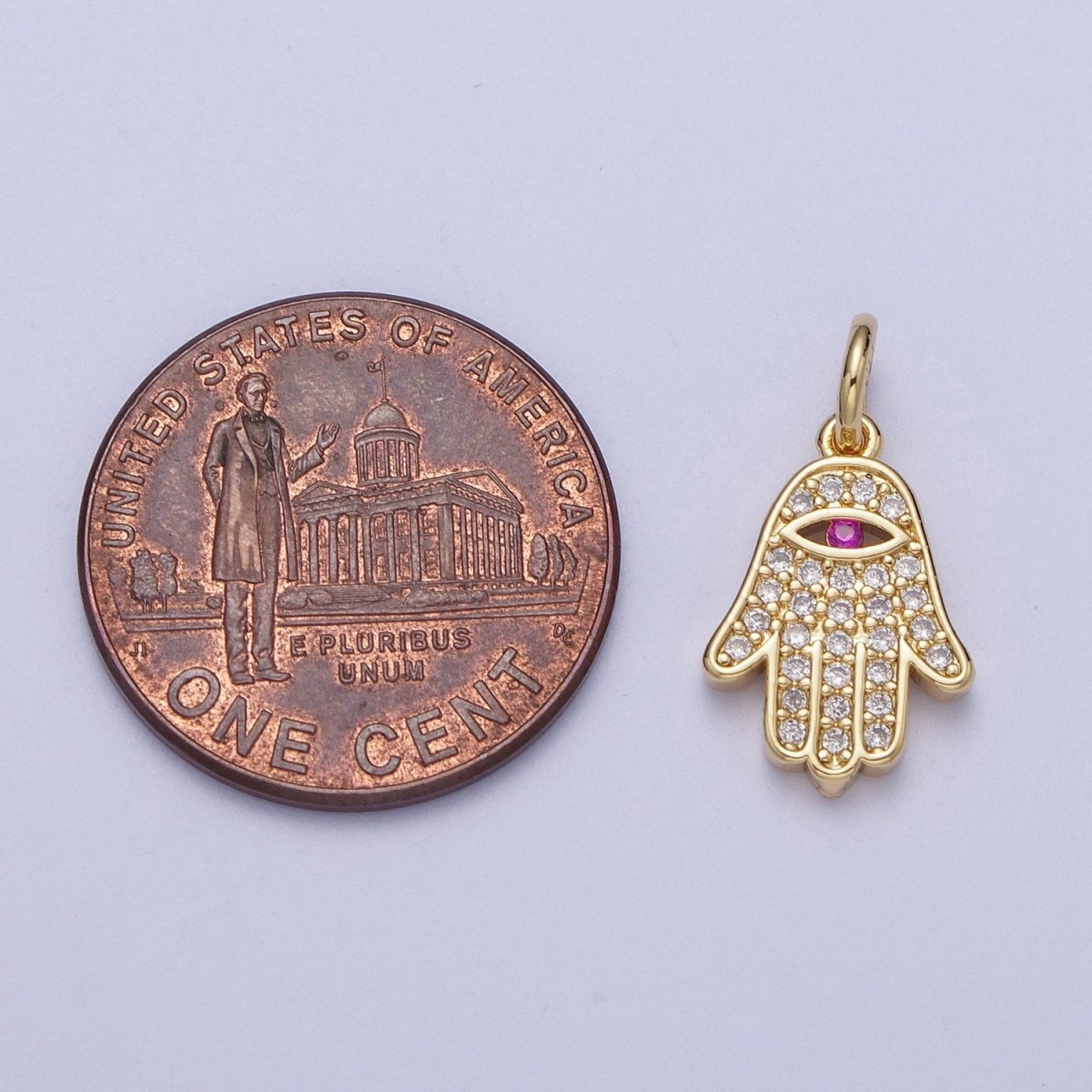24K Gold Filled Micro Paved Fuchsia CZ Hamsa Hand Evil Eye Charm | A-295 - DLUXCA