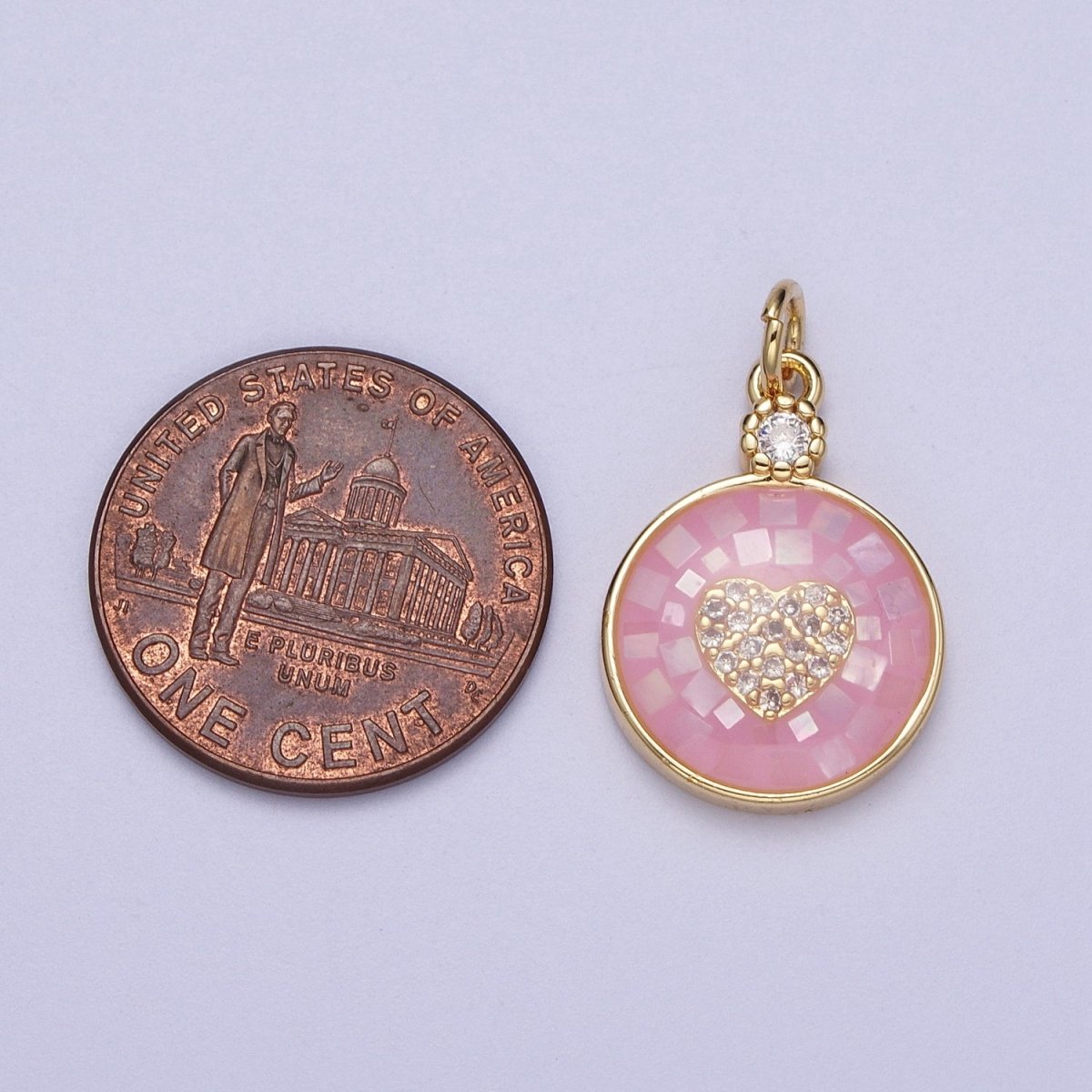 24K Gold Filled Heart Micro Paved CZ Blue, White, Green Pink Opal Round Charm | C136 C138