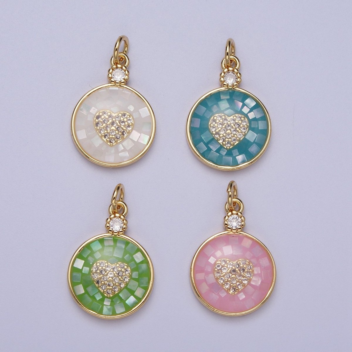 24K Gold Filled Heart Micro Paved CZ Blue, White, Green Pink Opal Round Charm | C136 C138