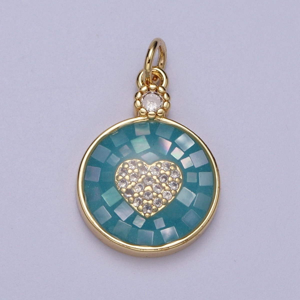 24K Gold Filled Heart Micro Paved CZ Blue, White, Green Pink Opal Round Charm | C136 C138