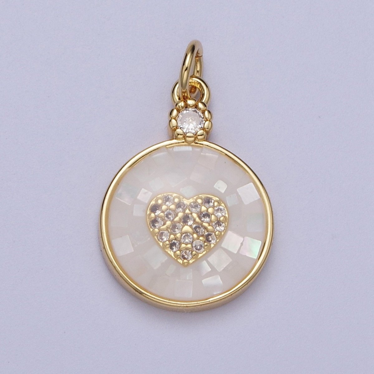 24K Gold Filled Heart Micro Paved CZ Blue, White, Green Pink Opal Round Charm | C136 C138