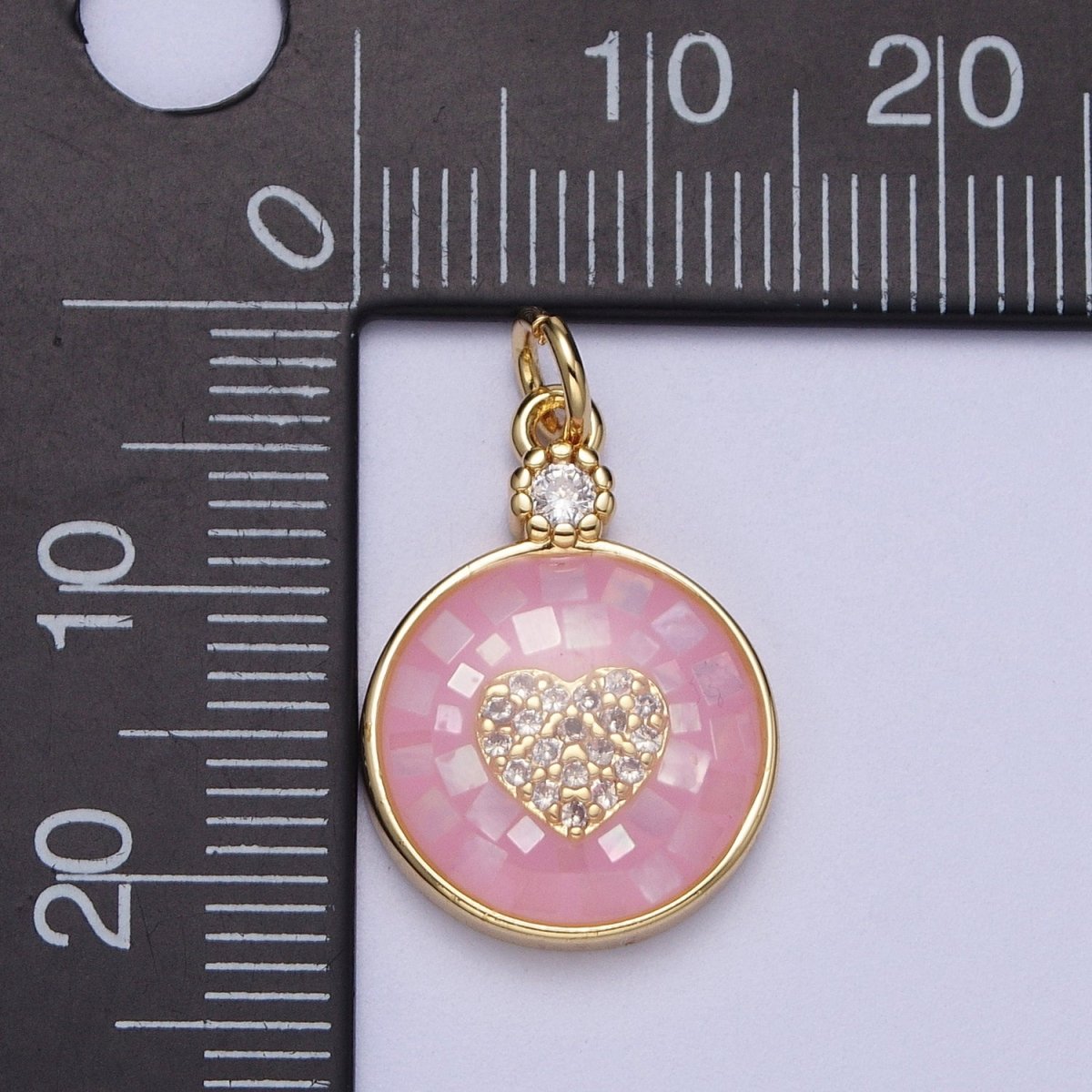 24K Gold Filled Heart Micro Paved CZ Blue, White, Green Pink Opal Round Charm | C136 C138