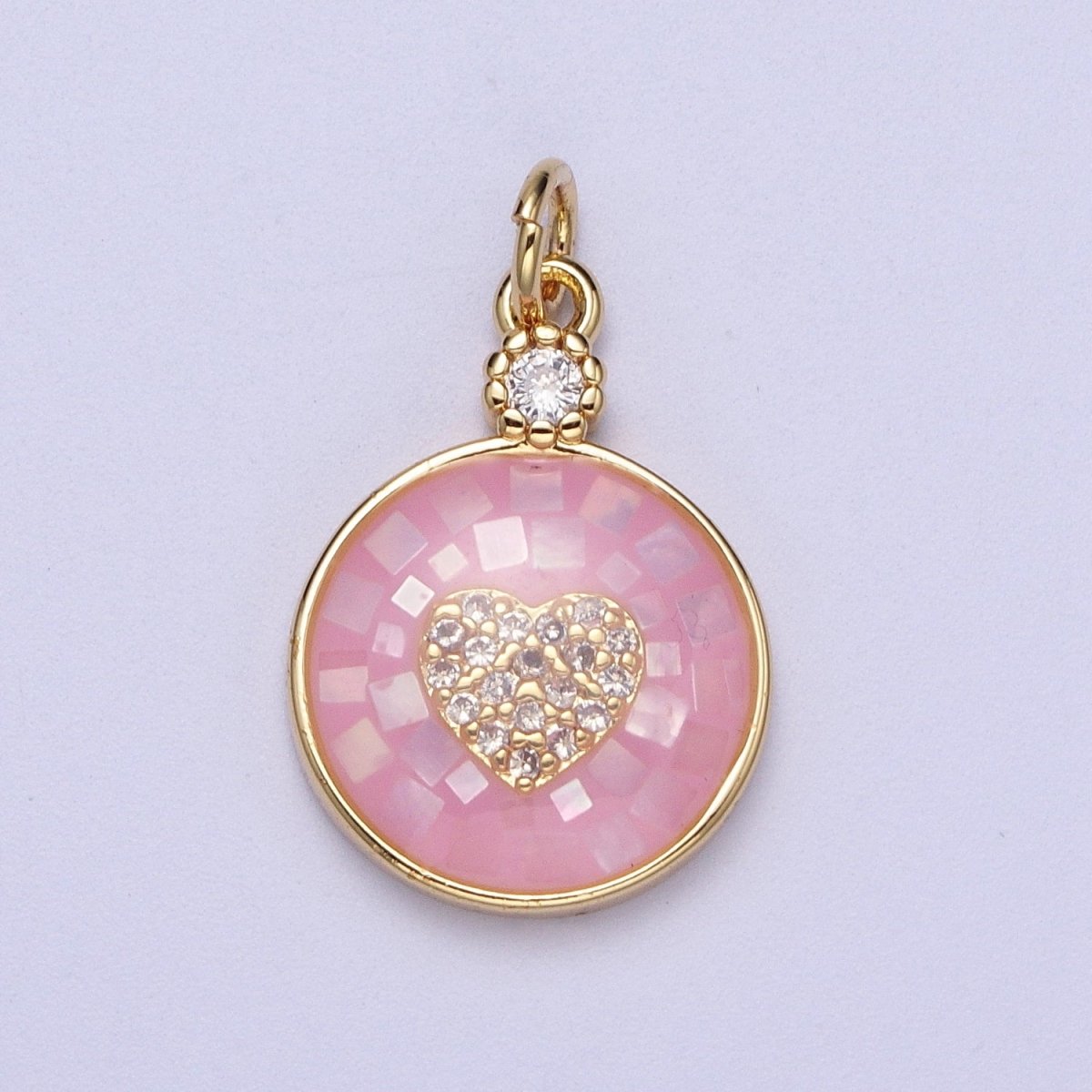 24K Gold Filled Heart Micro Paved CZ Blue, White, Green Pink Opal Round Charm | C136 C138