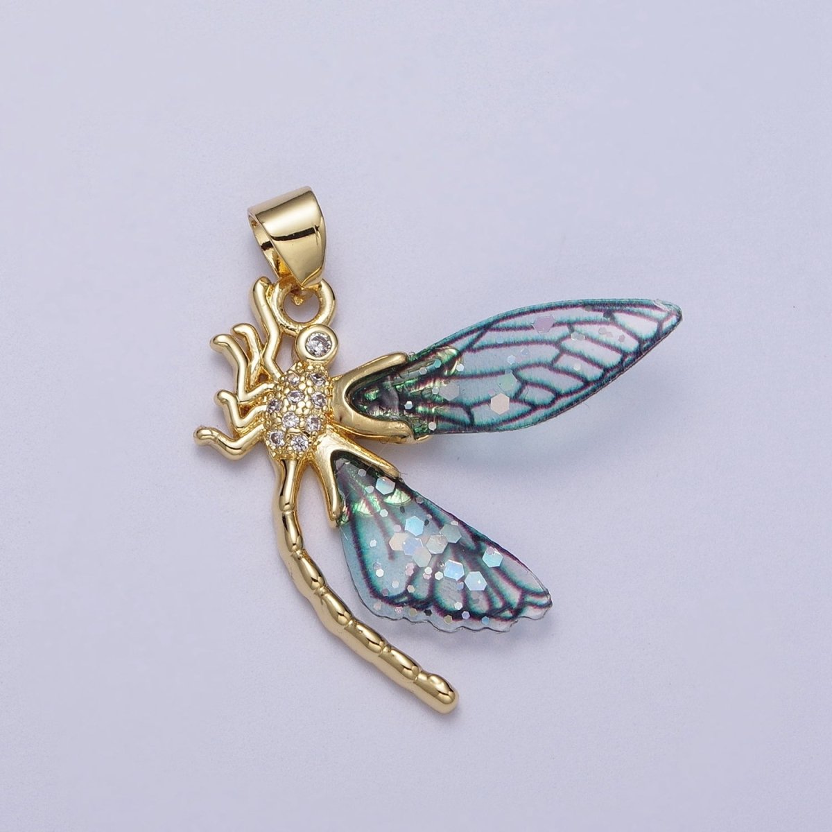 24K Gold Filled Micro Paved Mosquito Blue, Fuchsia Fairy Wings Pendant  I-240 I-263