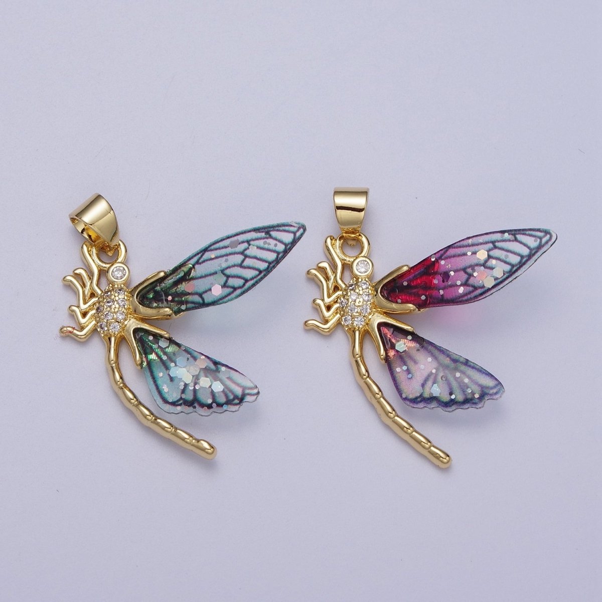 24K Gold Filled Micro Paved Mosquito Blue, Fuchsia Fairy Wings Pendant  I-240 I-263
