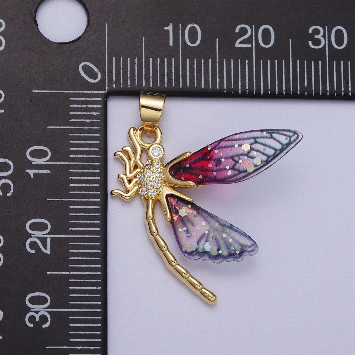 24K Gold Filled Micro Paved Mosquito Blue, Fuchsia Fairy Wings Pendant  I-240 I-263