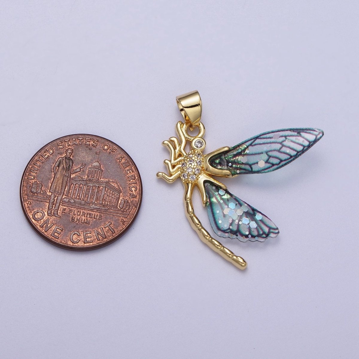 24K Gold Filled Micro Paved Mosquito Blue, Fuchsia Fairy Wings Pendant  I-240 I-263