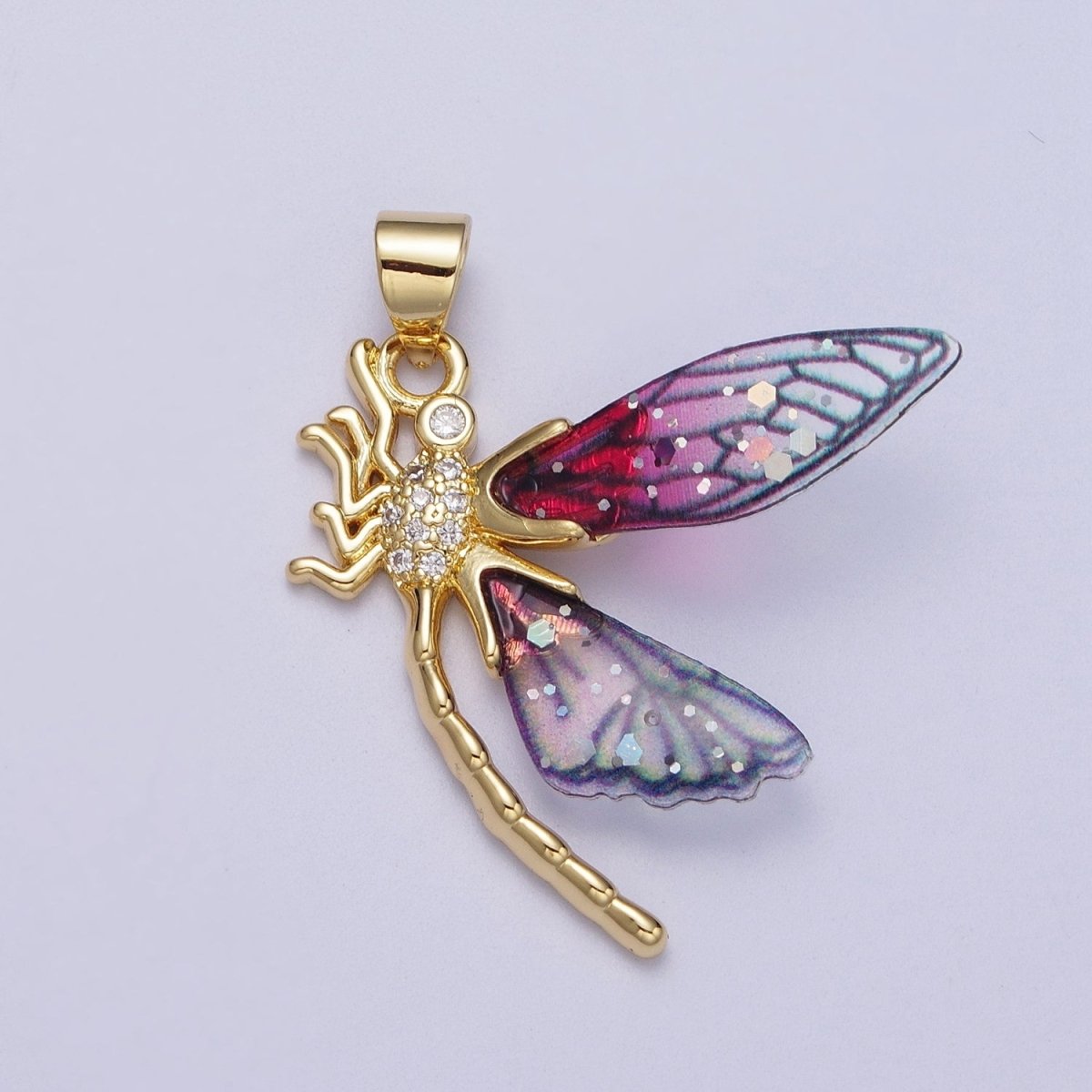 24K Gold Filled Micro Paved Mosquito Blue, Fuchsia Fairy Wings Pendant  I-240 I-263