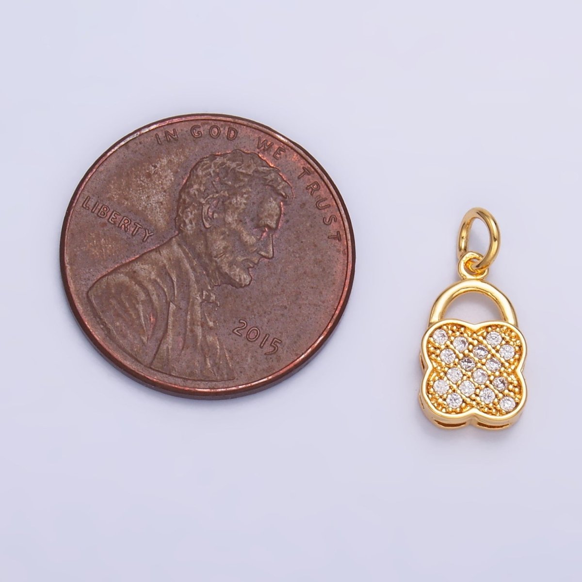 24K Gold Filled Micro Paved Quatrefoil Padlock Charm in Gold & Silver | W870