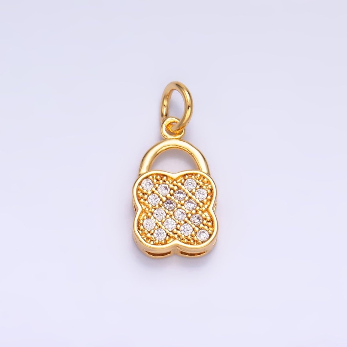 24K Gold Filled Micro Paved Quatrefoil Padlock Charm in Gold & Silver | W870