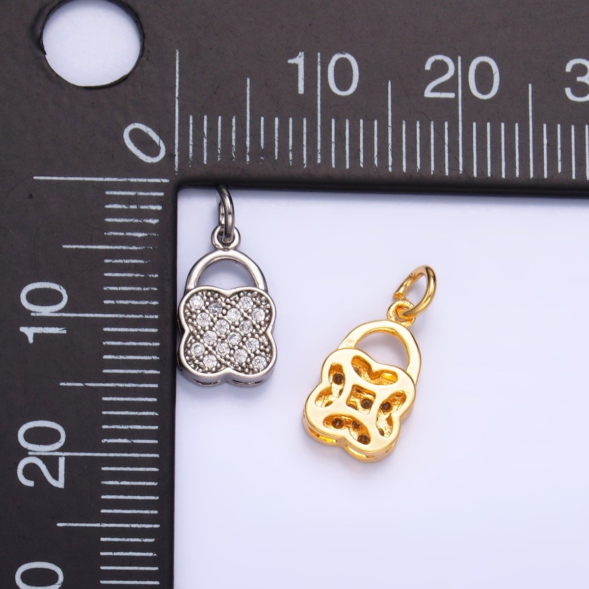 24K Gold Filled Micro Paved Quatrefoil Padlock Charm in Gold & Silver | W870