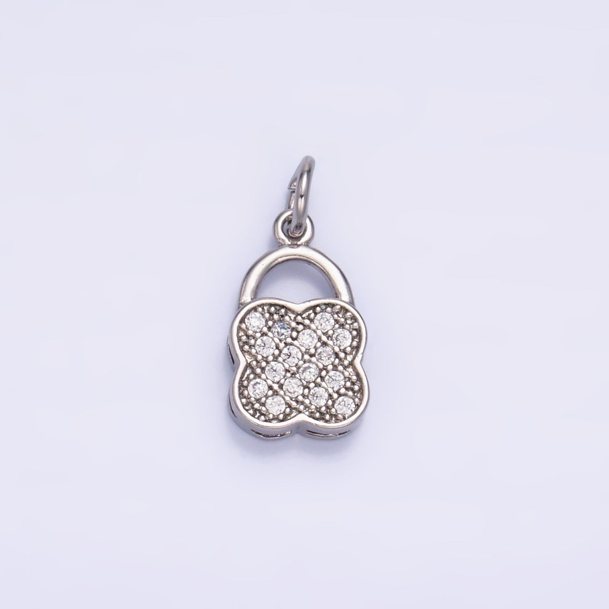 24K Gold Filled Micro Paved Quatrefoil Padlock Charm in Gold & Silver | W870