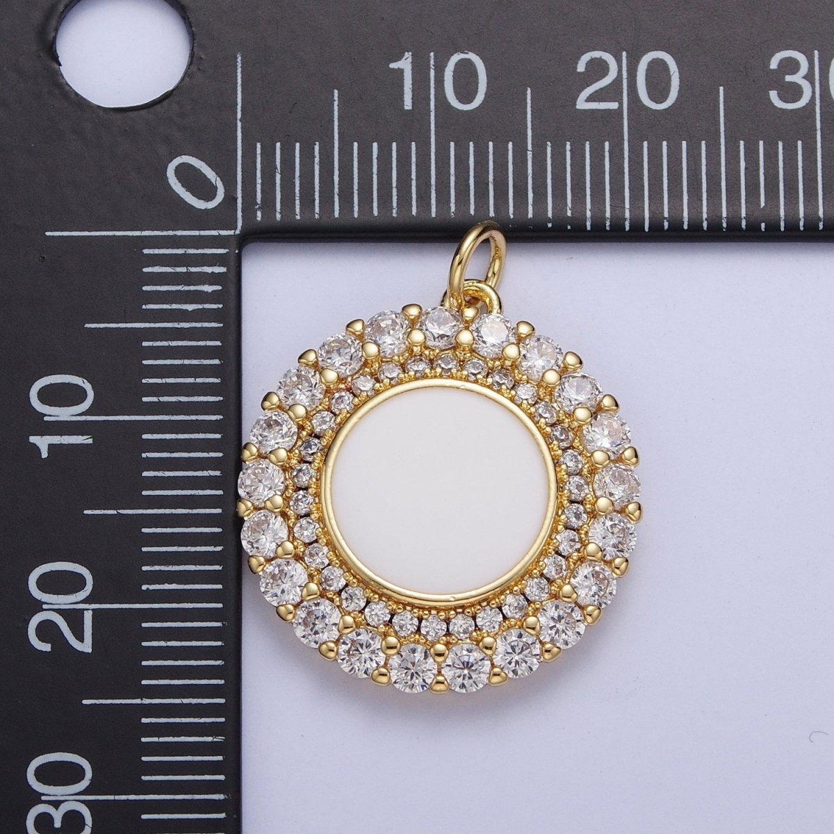 24K Gold Filled Micro Paved Round Lining Round White Enamel Coin Charm | M-495 - DLUXCA