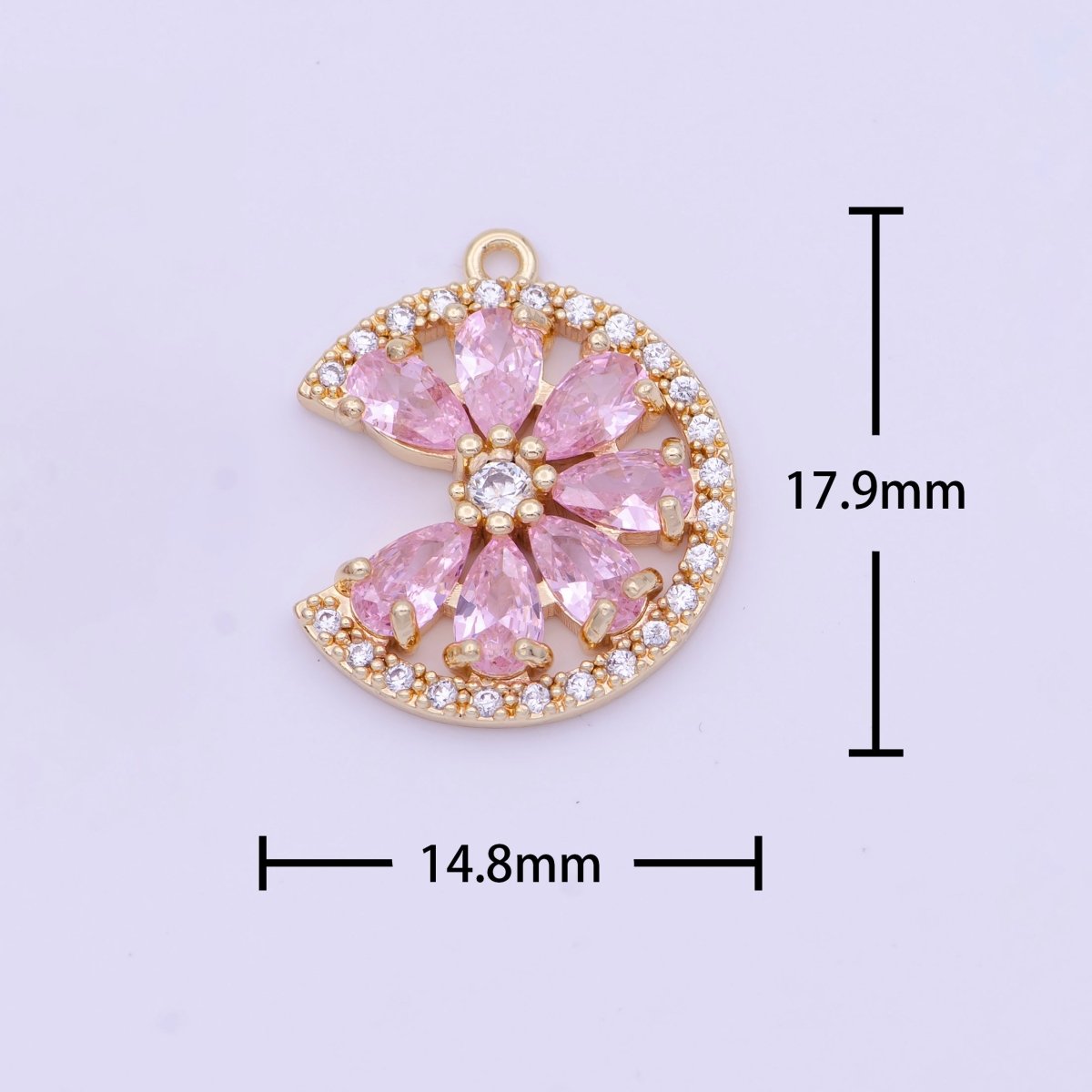 24K Gold Filled Micro Paved Teardrop CZ Crescent Moon Flower Charm | X-744 X-745