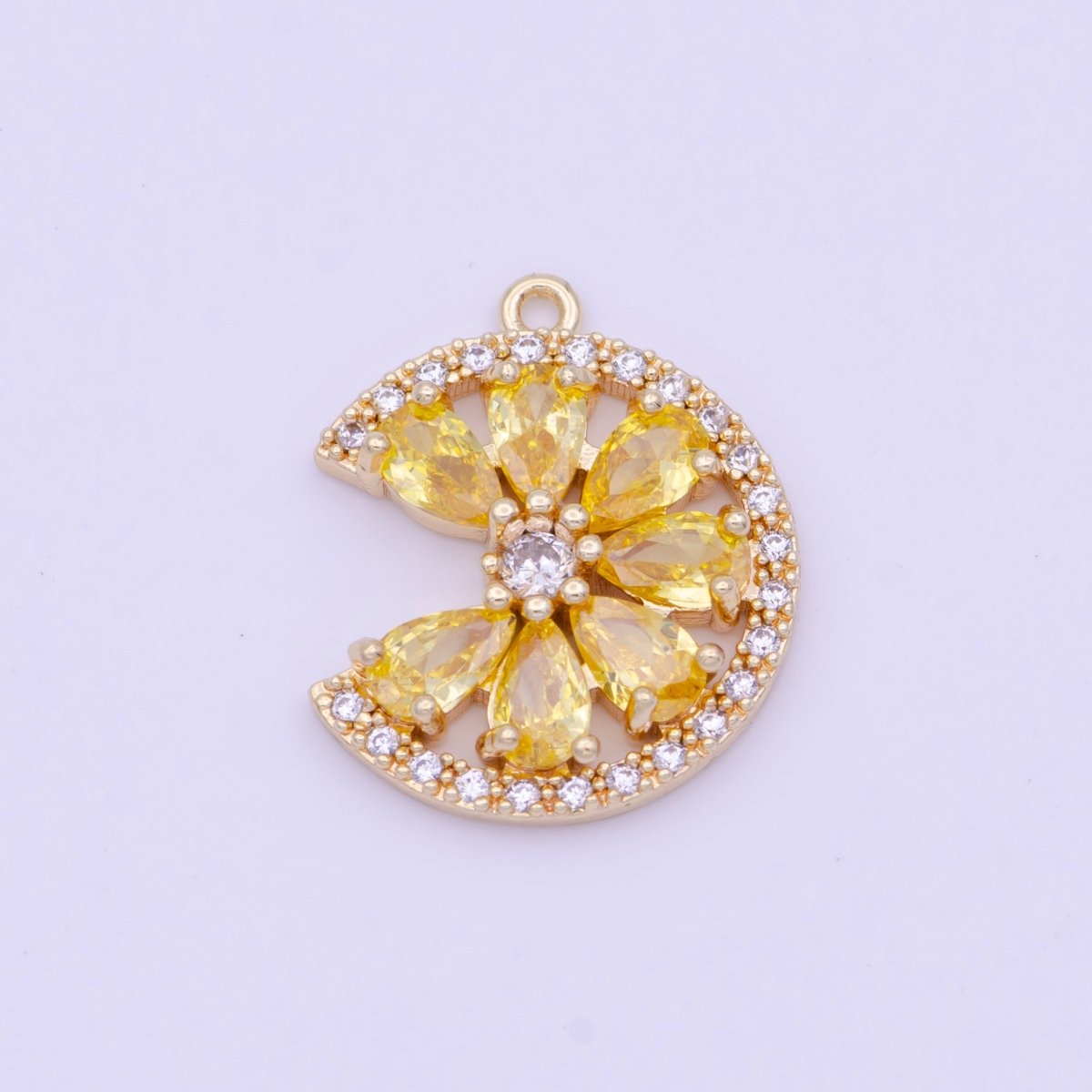 24K Gold Filled Micro Paved Teardrop CZ Crescent Moon Flower Charm | X-744 X-745