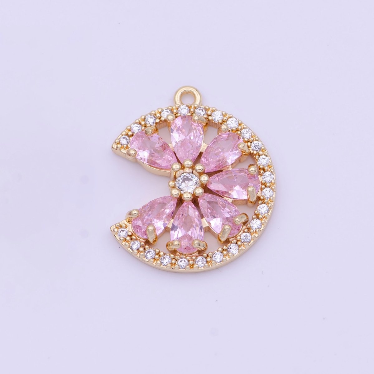 24K Gold Filled Micro Paved Teardrop CZ Crescent Moon Flower Charm | X-744 X-745