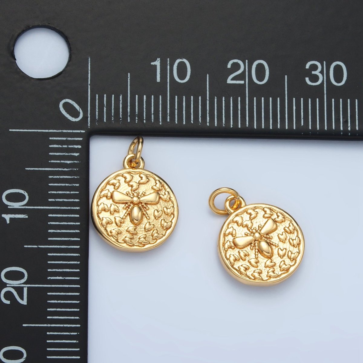 24K Gold Filled Mini Bumble Queen Bee Insect Round Charm in Gold & Silver | E397