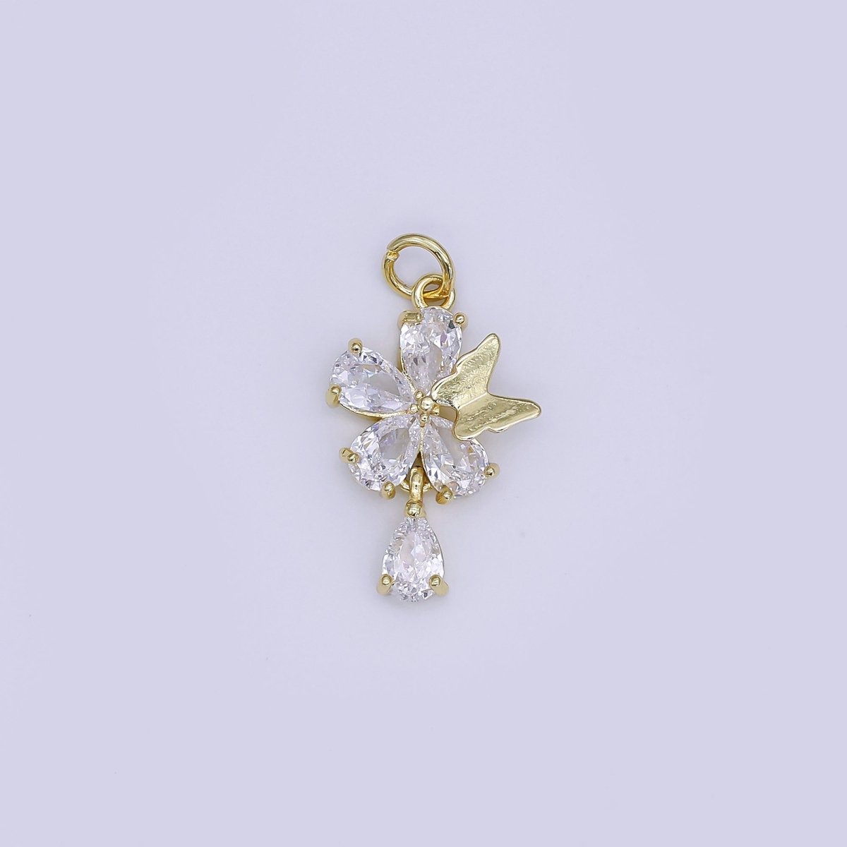 24K Gold Filled Mini Flower CZ with Butterfly Charm | AJ - 365 - DLUXCA