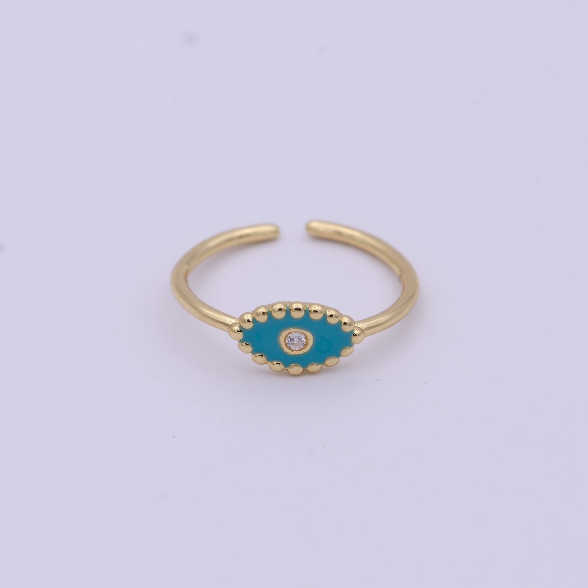 24K Gold Filled Mini Minimalist Evil Eye CZ Teal & Blue Enamel Adjustable Ring U-196