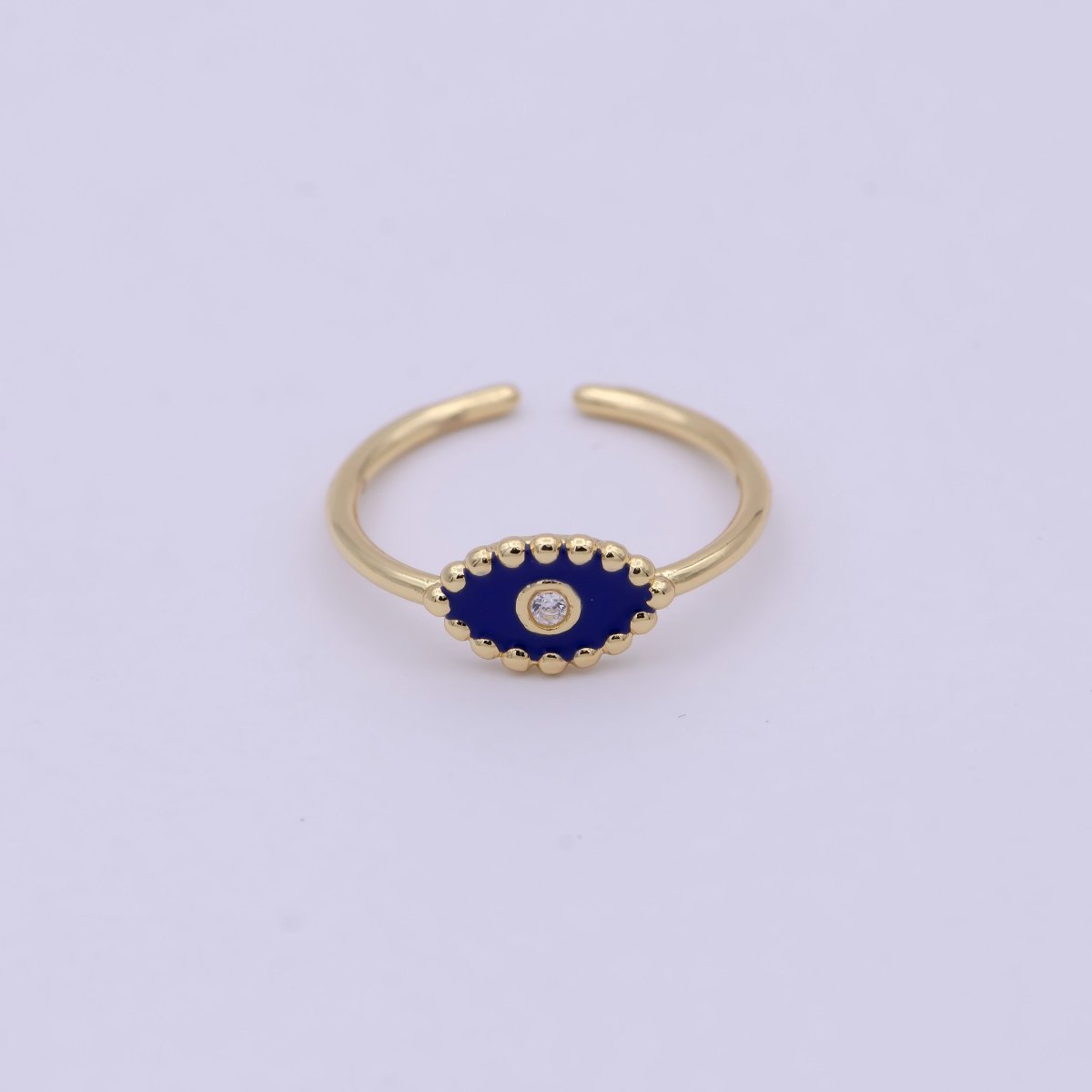 24K Gold Filled Mini Minimalist Evil Eye CZ Teal & Blue Enamel Adjustable Ring U-196