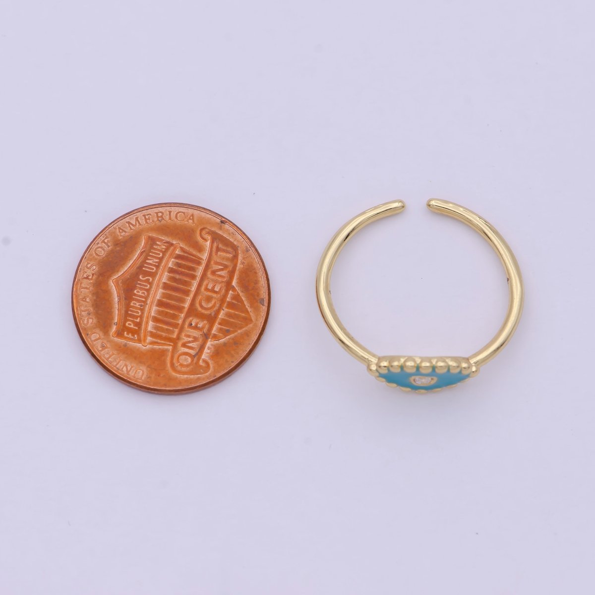 24K Gold Filled Mini Minimalist Evil Eye CZ Teal & Blue Enamel Adjustable Ring U-196