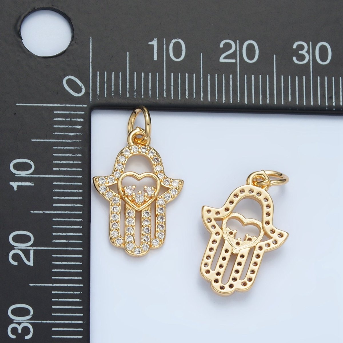 24K Gold Filled Mini Open Love Hamsa Hand Micro Paved CZ Charm | E740 - DLUXCA