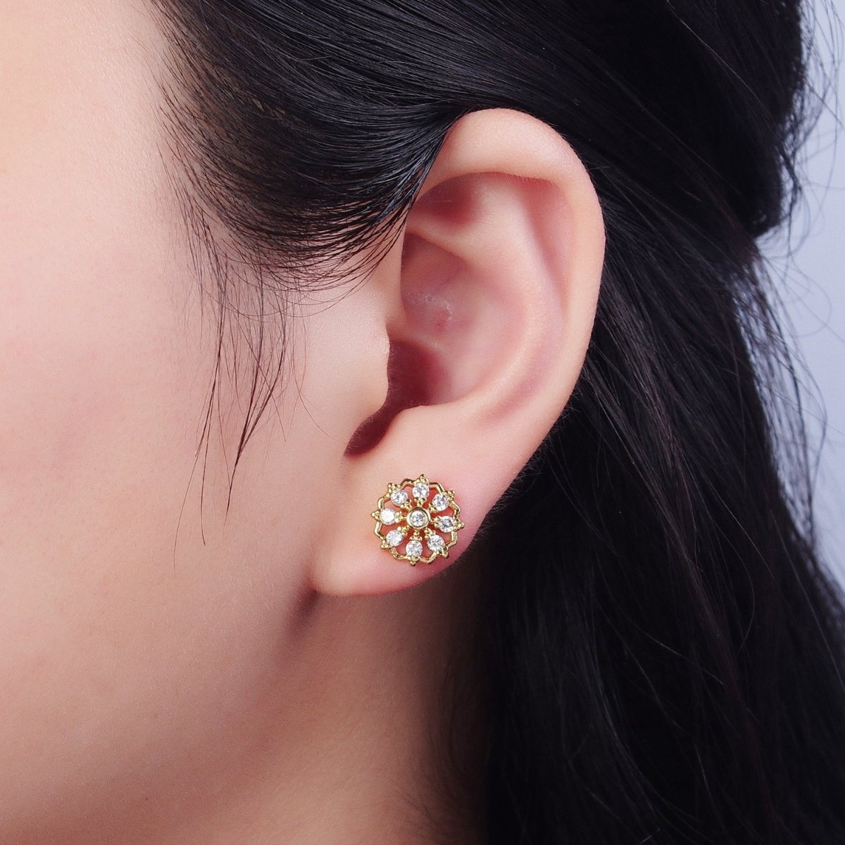 24K Gold Filled Mini Sunburst Cubic Zirconia Stud Earrings T-133 - DLUXCA