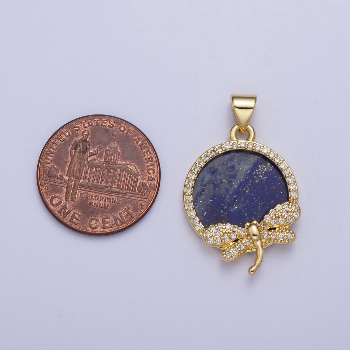 24K Gold Filled Minimalist Blue Lapiz Micro Pave CZ Dragonfly Insect Round Pendant For Jewelry Making X-432 - DLUXCA