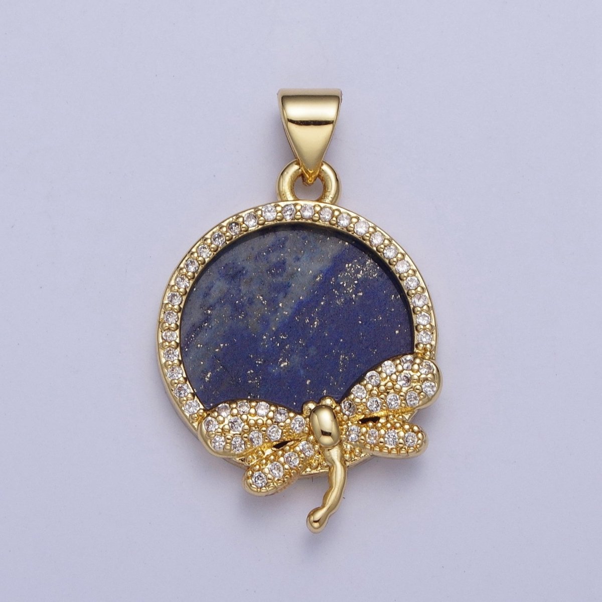 24K Gold Filled Minimalist Blue Lapiz Micro Pave CZ Dragonfly Insect Round Pendant For Jewelry Making X-432 - DLUXCA