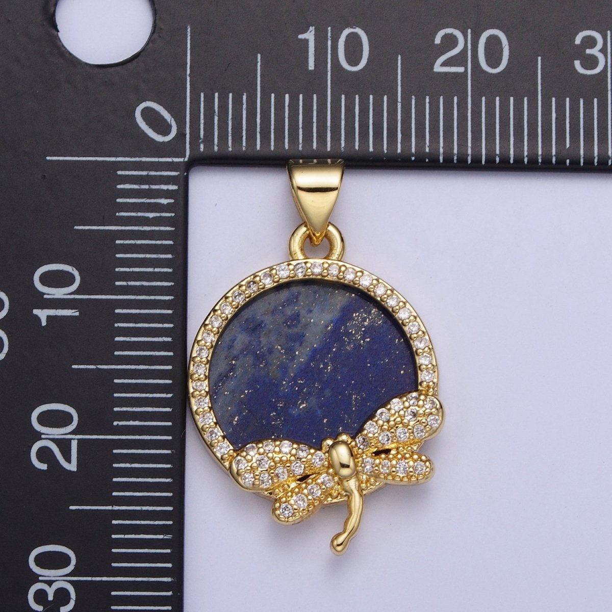 24K Gold Filled Minimalist Blue Lapiz Micro Pave CZ Dragonfly Insect Round Pendant For Jewelry Making X-432 - DLUXCA