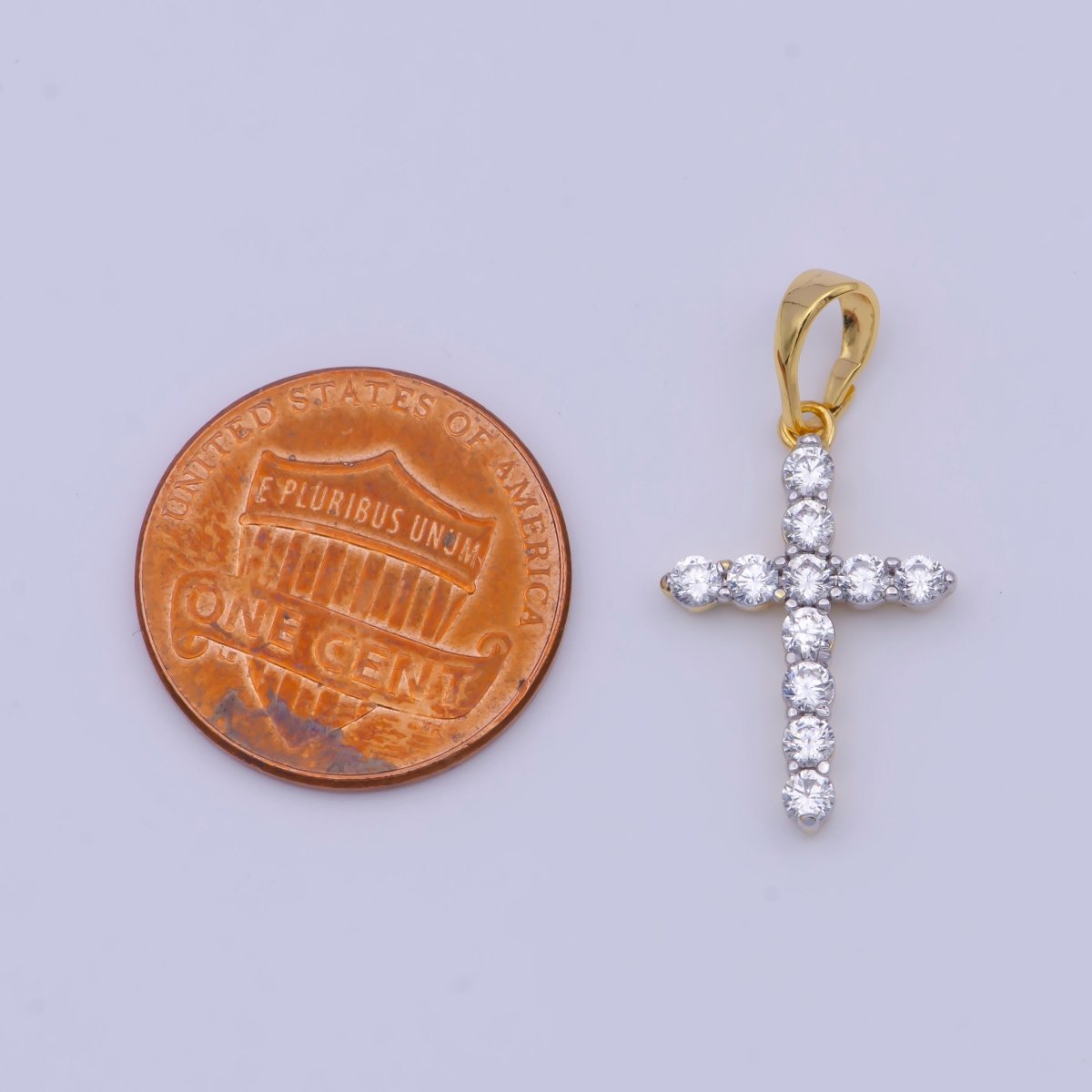 24K Gold Filled Minimalist Clear CZ Cubic Zirconia Cross Religious Pendant | X-527 - DLUXCA