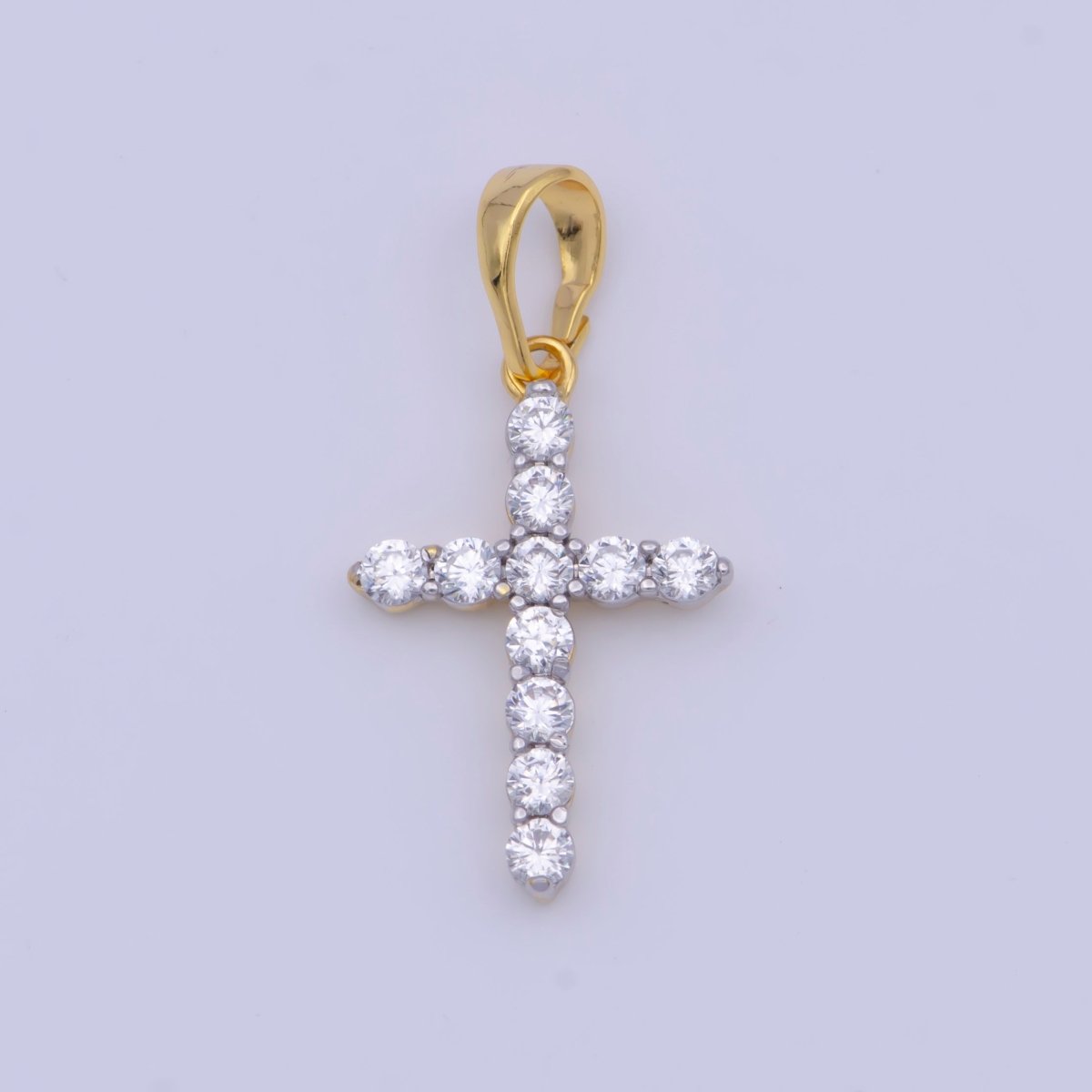 24K Gold Filled Minimalist Clear CZ Cubic Zirconia Cross Religious Pendant | X-527 - DLUXCA